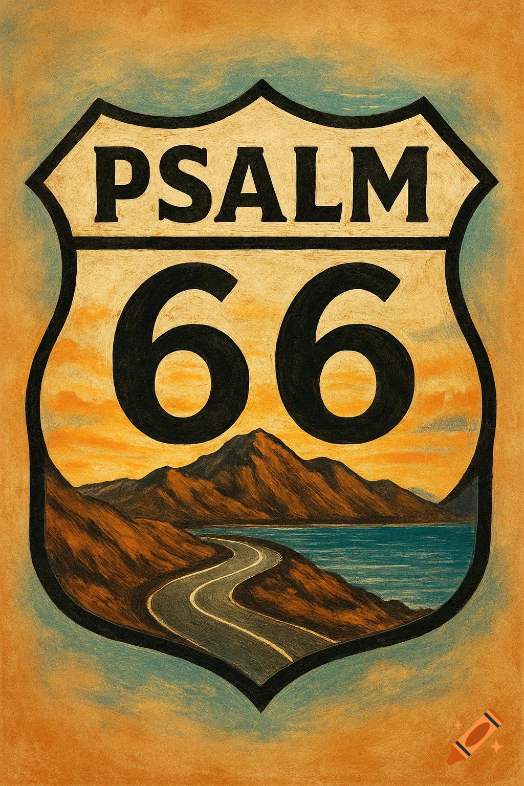 Route 66 style emblem with text PSALM 66, showing a winding road, mountains, and water inside, textured art style.