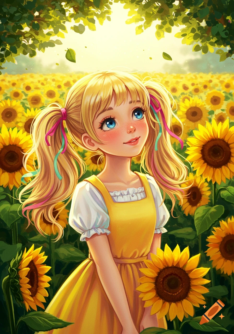 Blonde girl with pigtails in yellow dress in sunflower field, illustration.