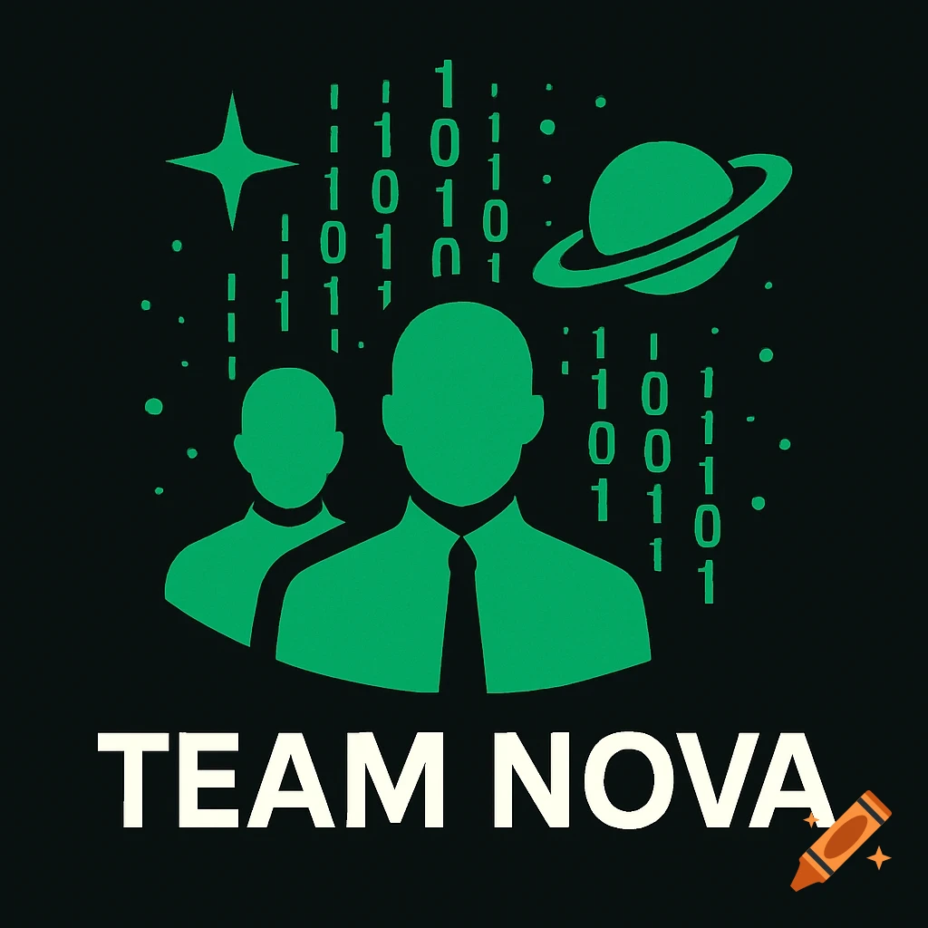 Green tech team icon with two silhouettes, binary code, planet, star, and text 'TEAM NOVA'.
