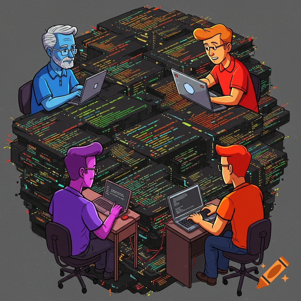 Four cartoon developers work on laptops surrounded by code stacks.