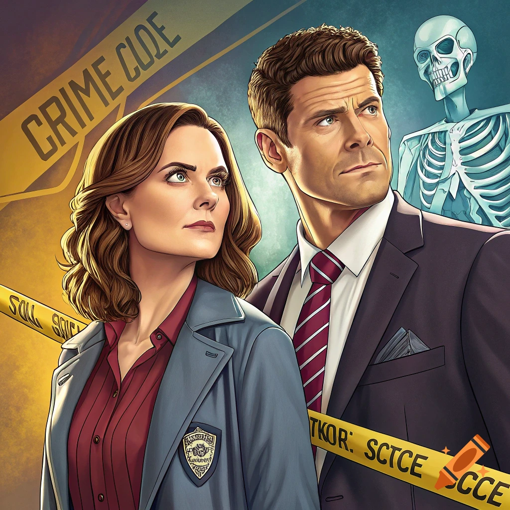 Illustrated portrait of two figures from the Bones TV show with a skeleton and crime scene tape.