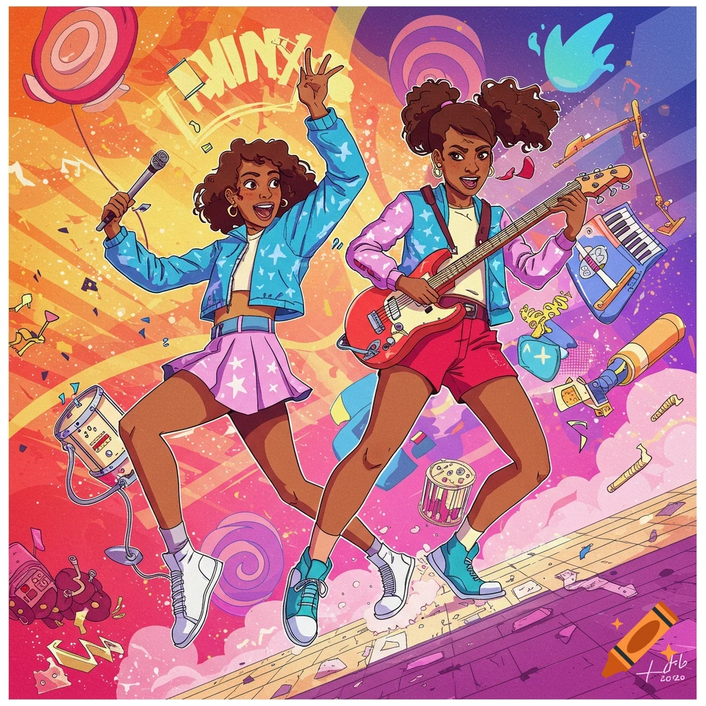 Colorful illustration of two young women performing music, one singing and one playing guitar.