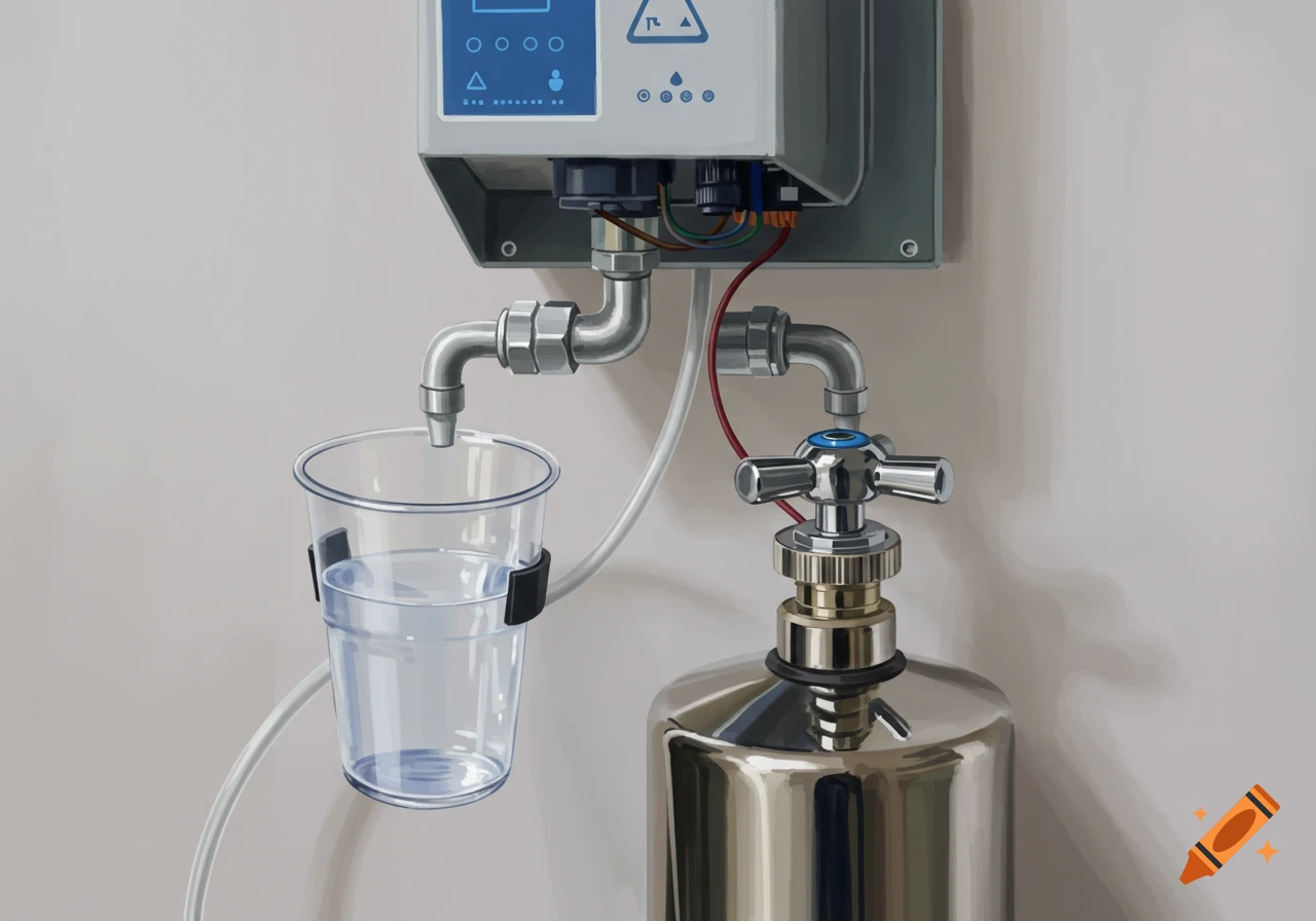 A clear plastic cup fills with water from a wall-mounted purification system and faucet. Digital painting style.
