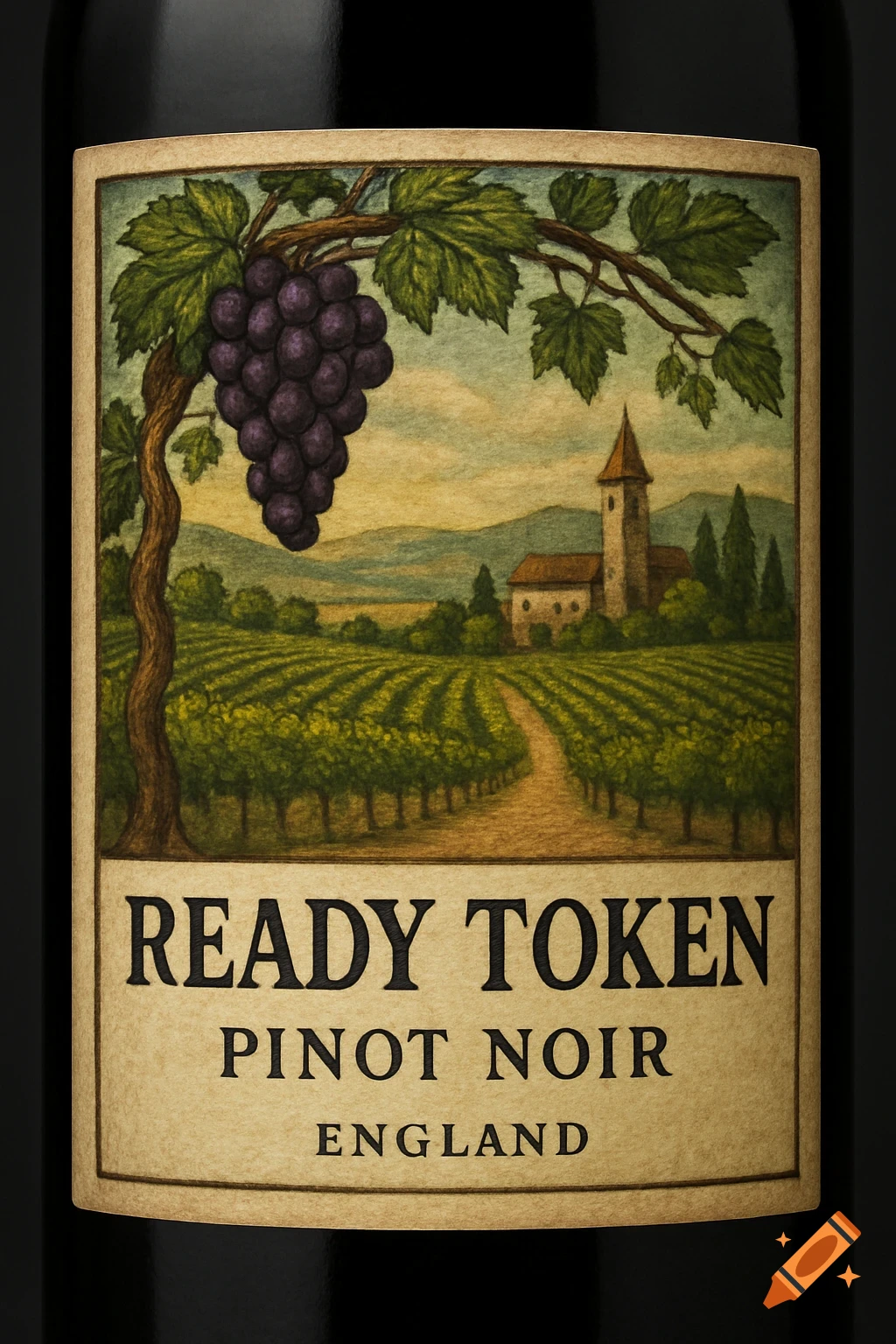 Wine bottle label with vineyard illustration, grapes, and text READY TOKEN PINOT NOIR ENGLAND.