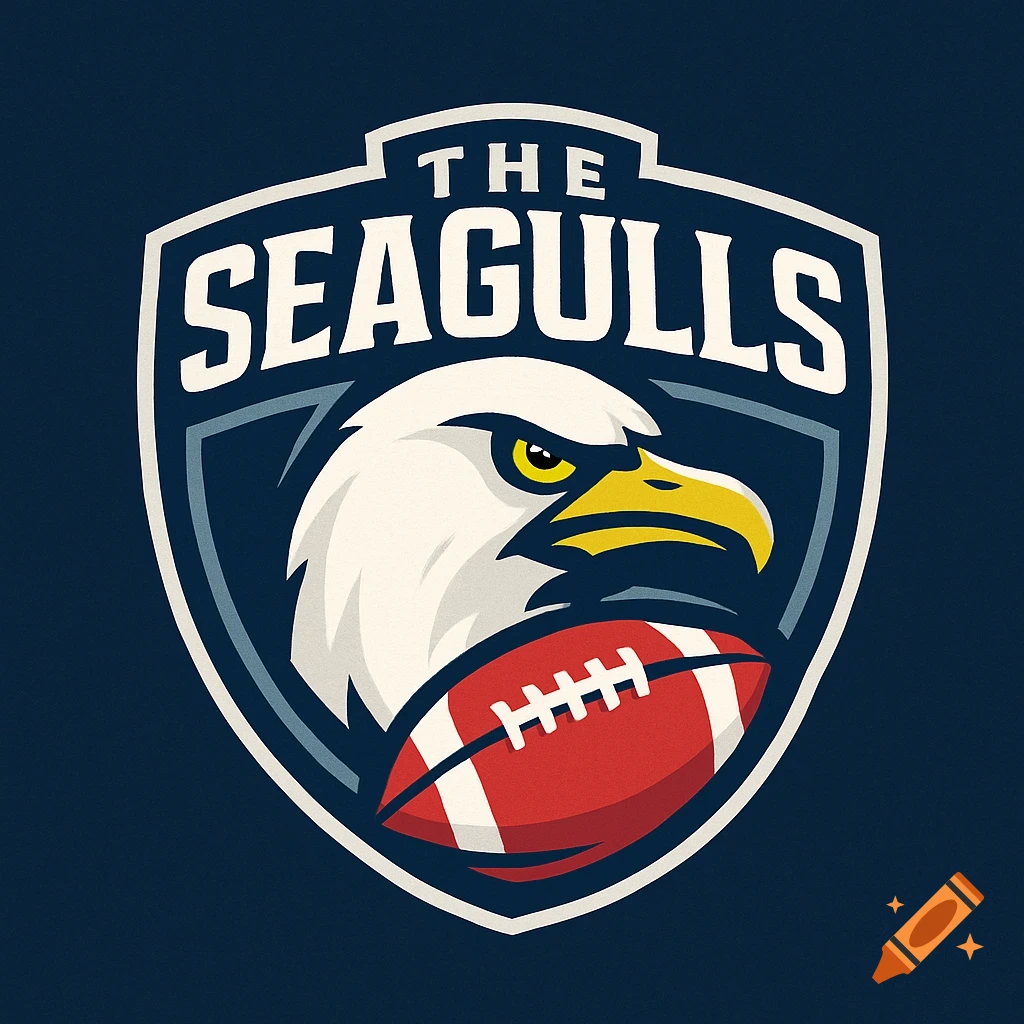 Shield logo with an eagle head, American football, and text 'THE SEAGULLS'.