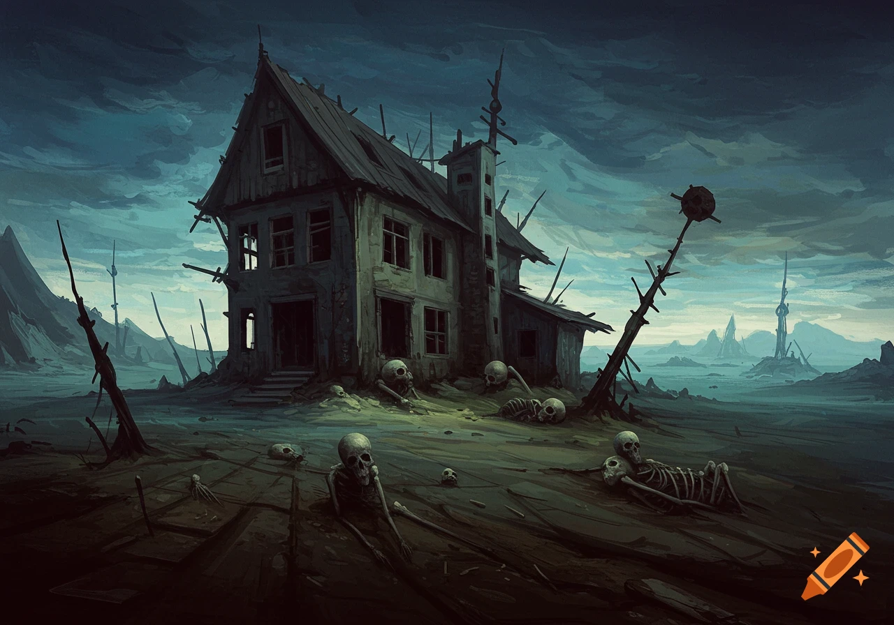 Ruined house with skeletons in a desolate landscape under a dark sky, painted in a dark fantasy style.