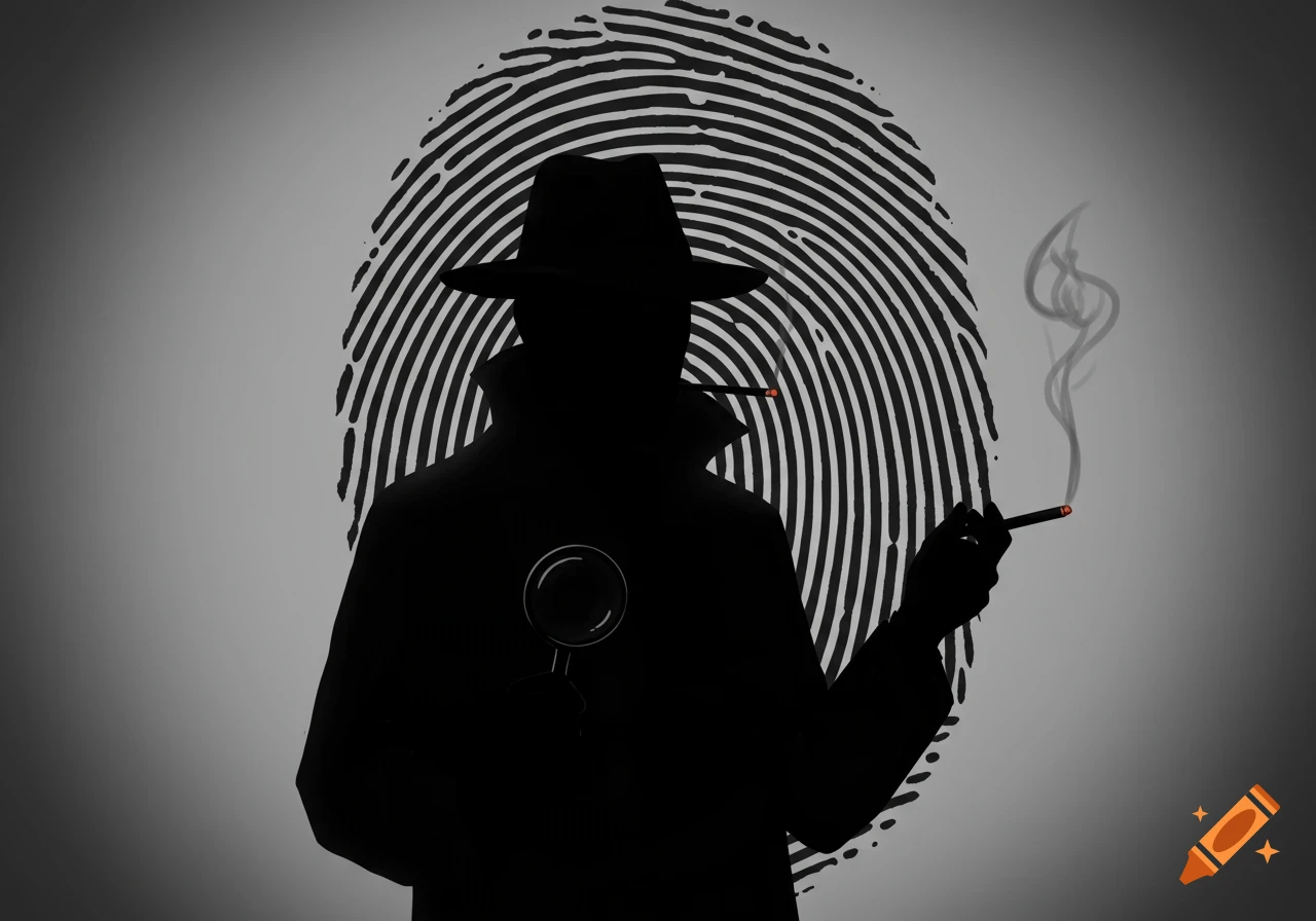 Silhouette of a detective holding a magnifying glass and cigarette against a large fingerprint.