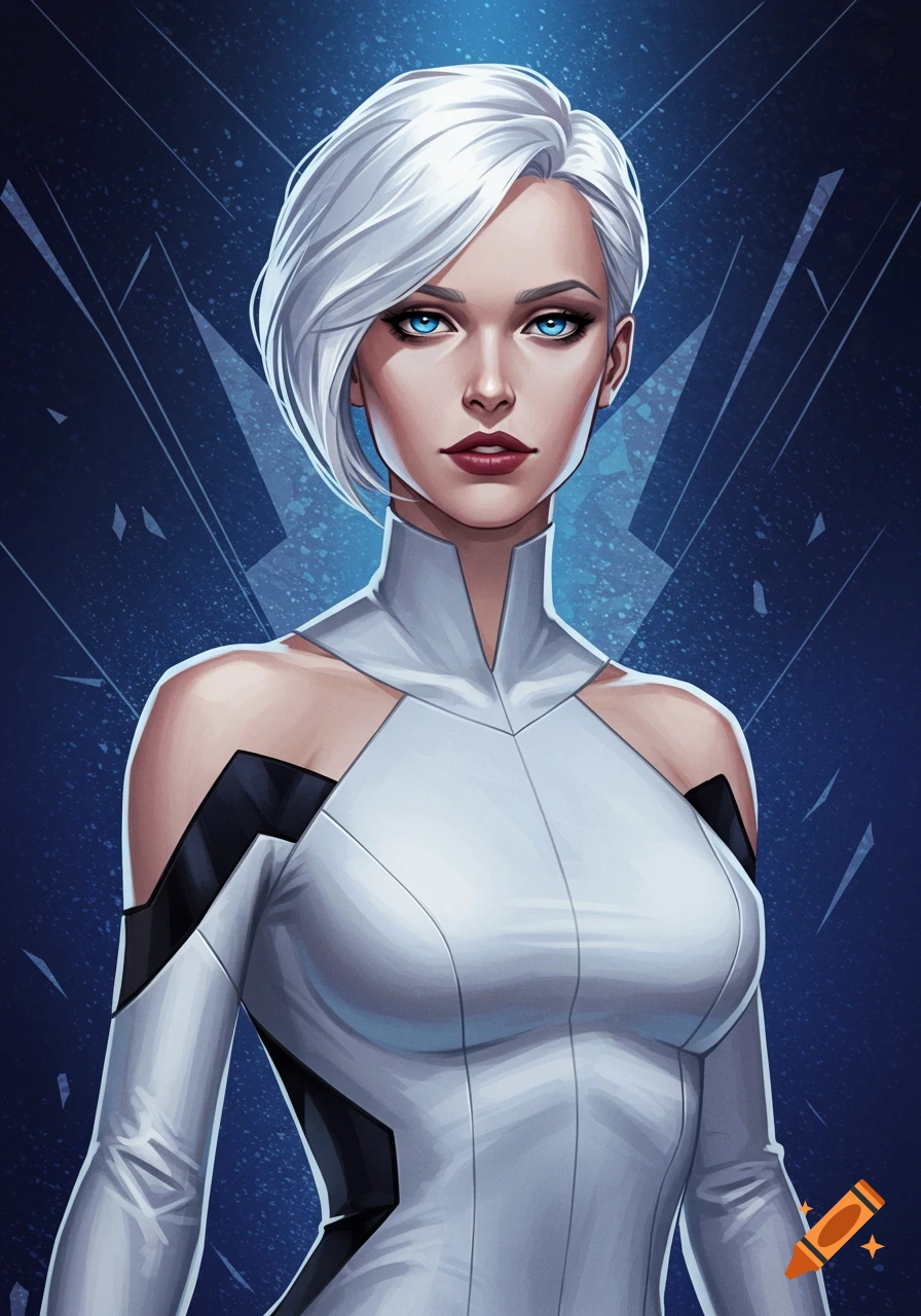 Illustration of a woman with white hair and blue eyes wearing a white sci-fi suit against a blue geometric background.