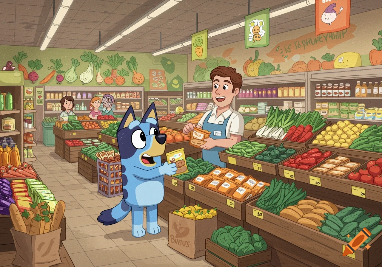 Cartoon of Bluey and a person in a grocery store holding food items