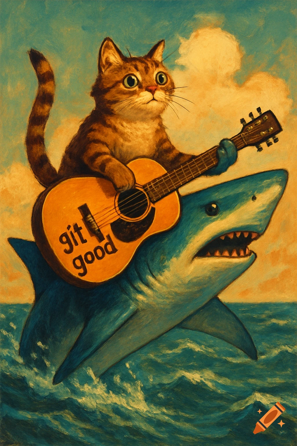A tabby cat rides a shark holding a guitar that says 'git good', surfing on waves in a painting style.
