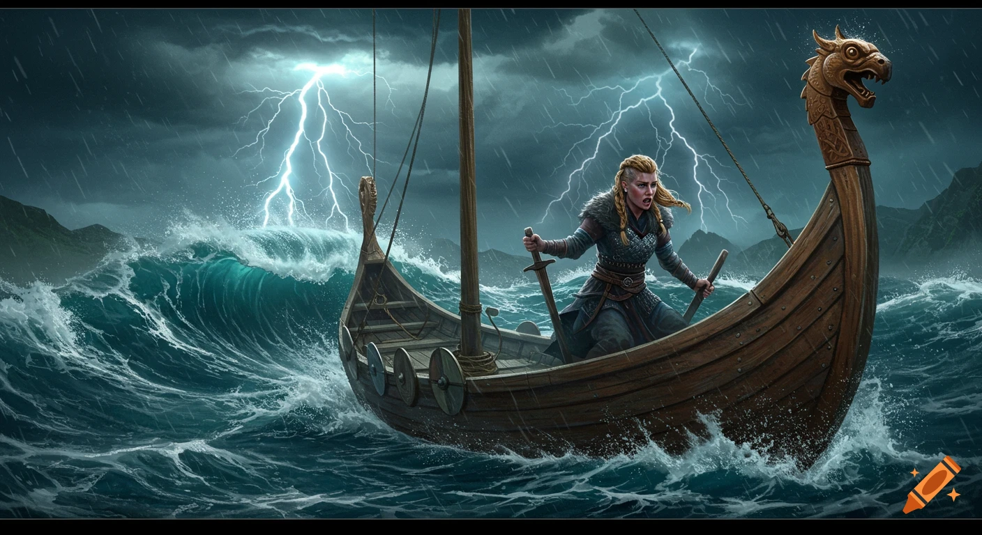 A viking woman stands on a ship in a storm with large waves and lightning.