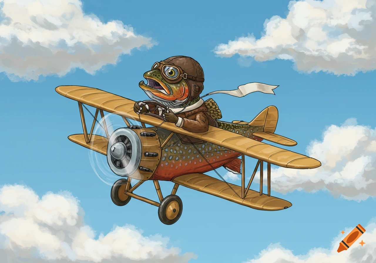 Illustration of a brook trout wearing a pilot helmet and goggles, flying a biplane in a cloudy sky.