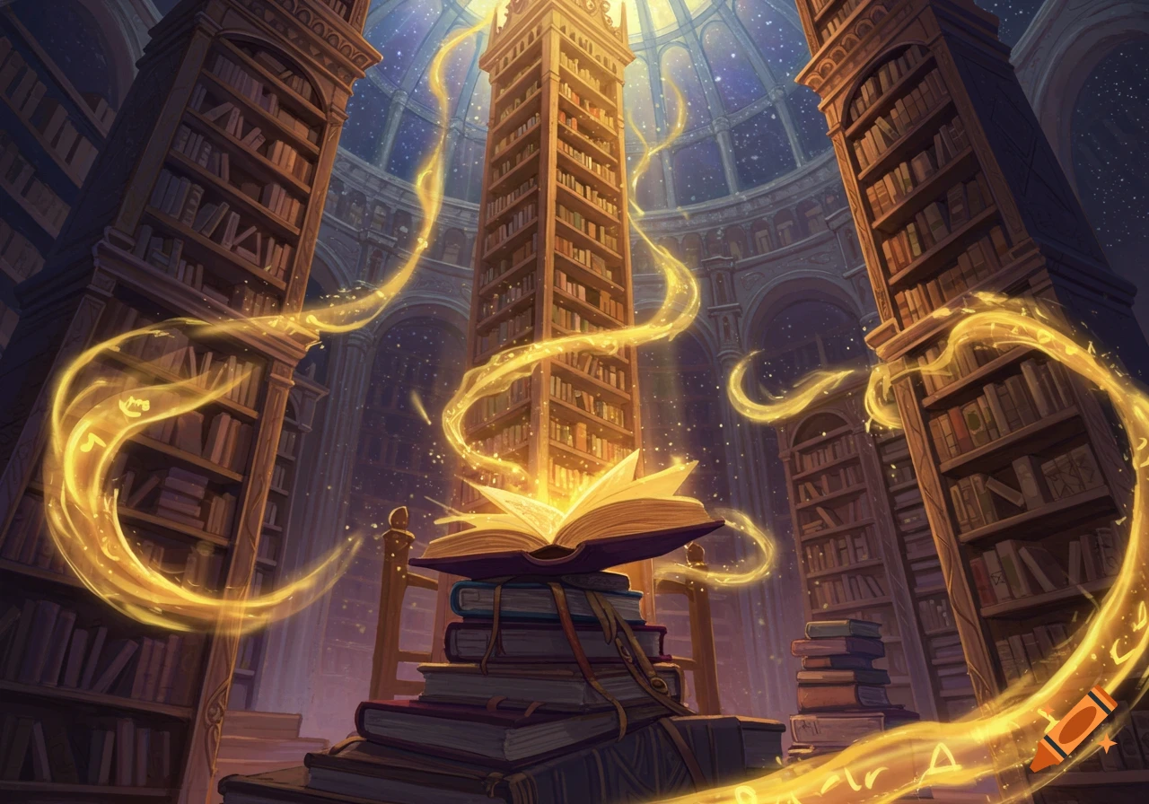 A vast fantasy library with tall bookshelves and magical golden energy ...
