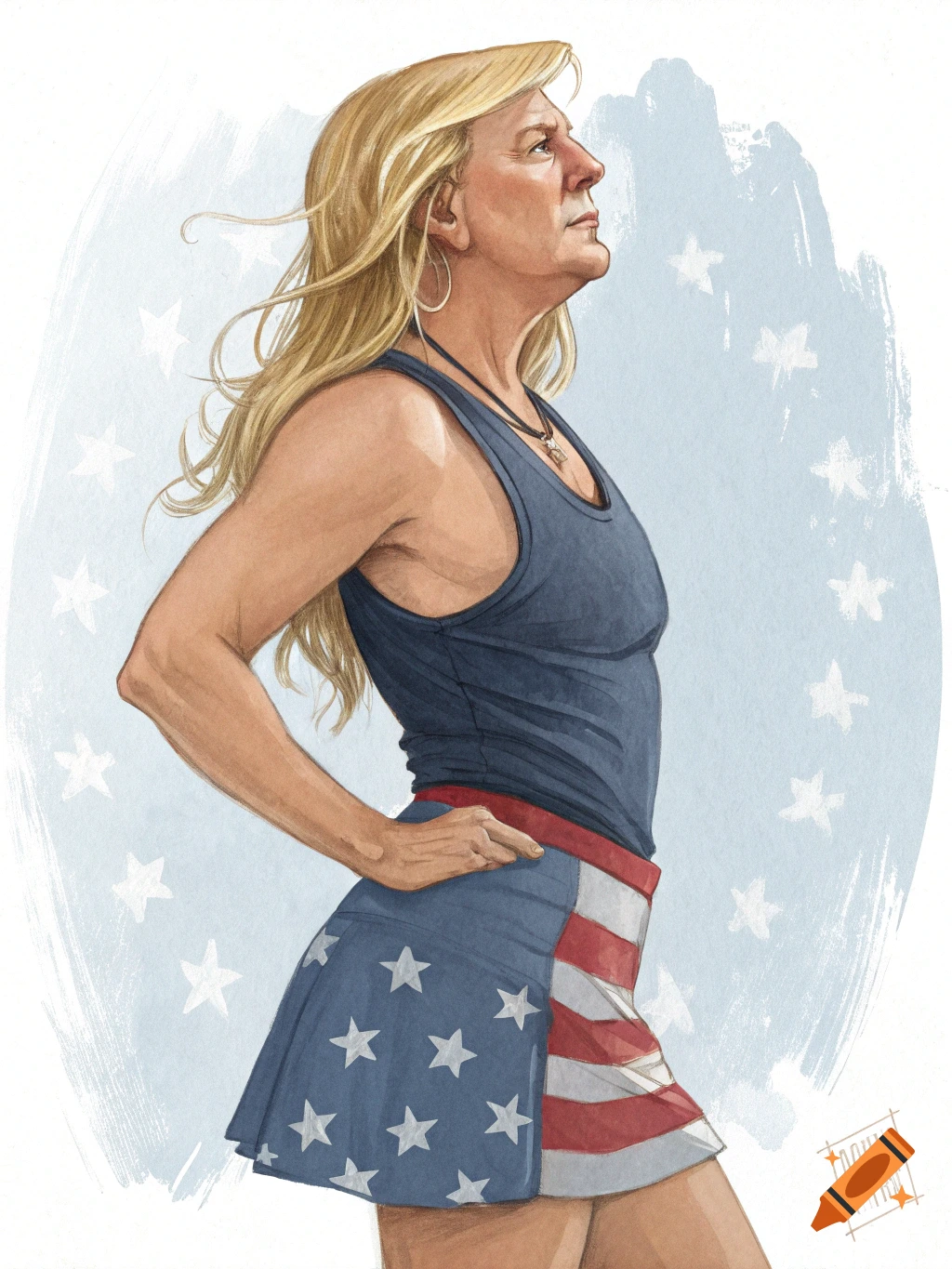 Illustration of a person with blonde hair wearing a tank top and US flag skirt, looking up.