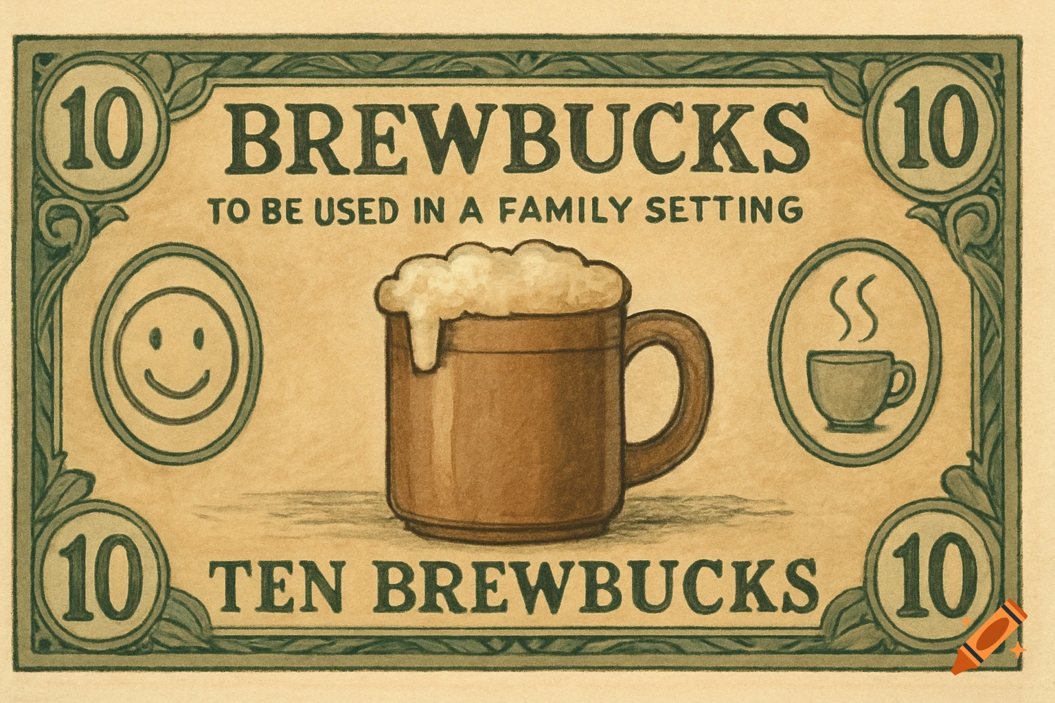 Illustration of a currency bill called Brewbucks, featuring a beer mug, smiley face, and coffee cup.