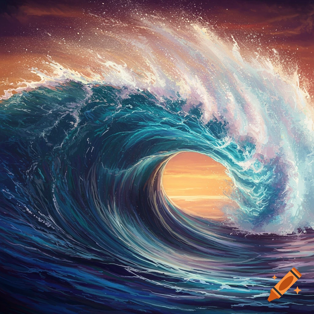 Painterly style image of a large wave curling, showing sunlight inside the barrel.