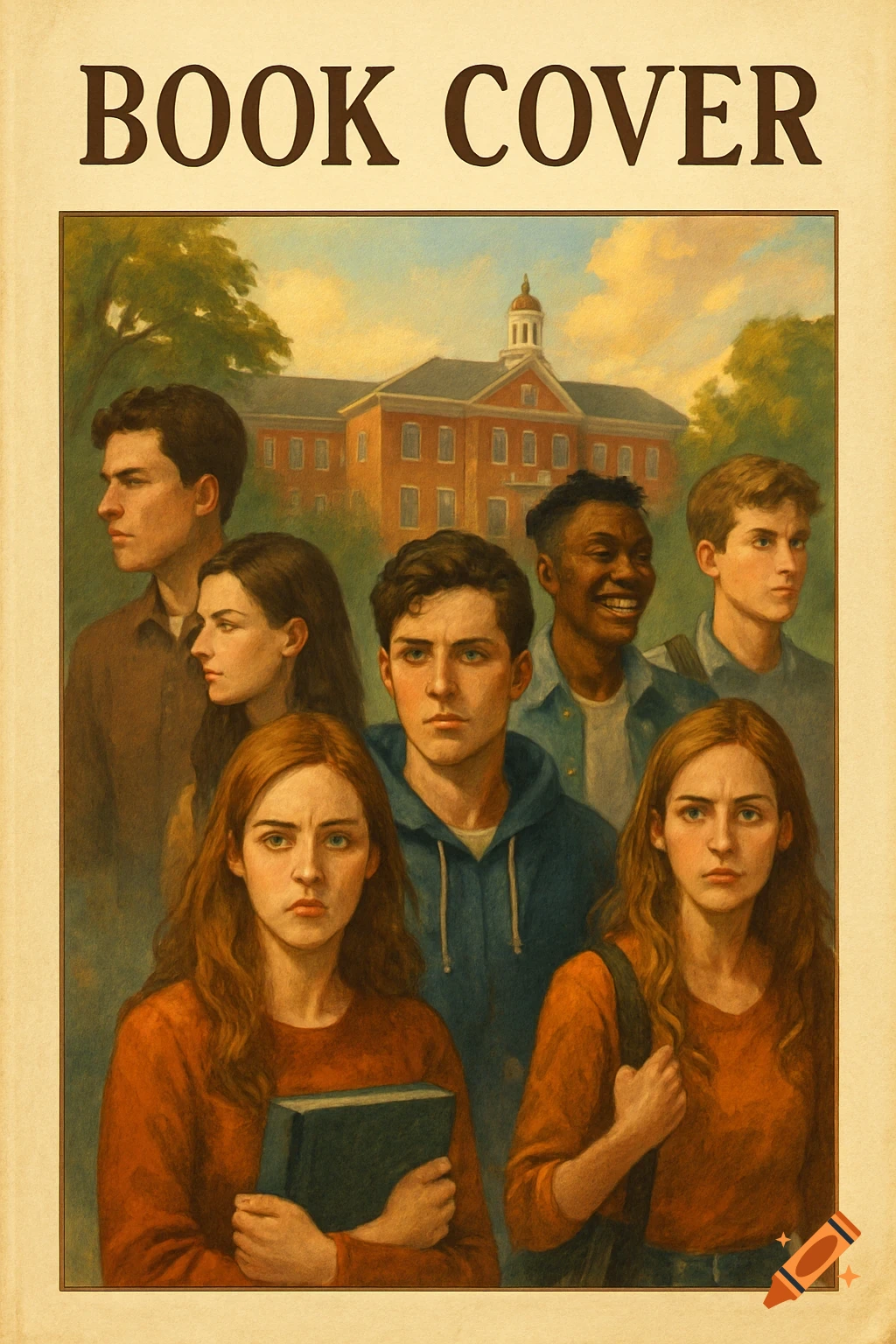 Painted illustration of young people in front of a college, framed as a book cover.