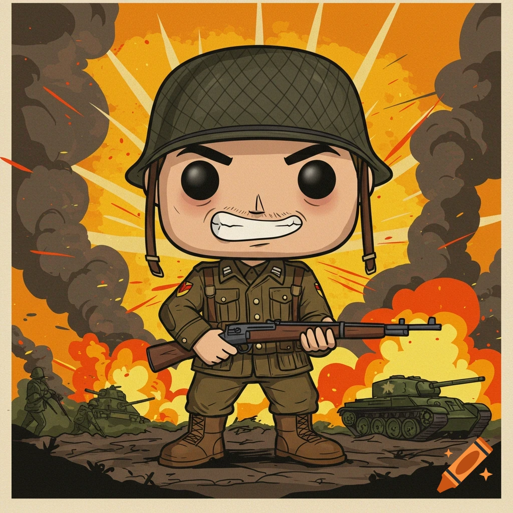 Illustration of a stylized soldier in a World War 2 battle scene with ...