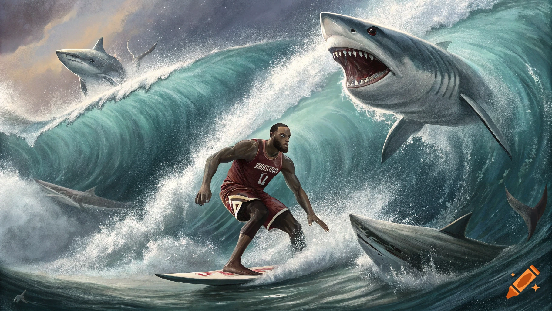 Man resembling Lebron James surfing large wave with sharks, painted style