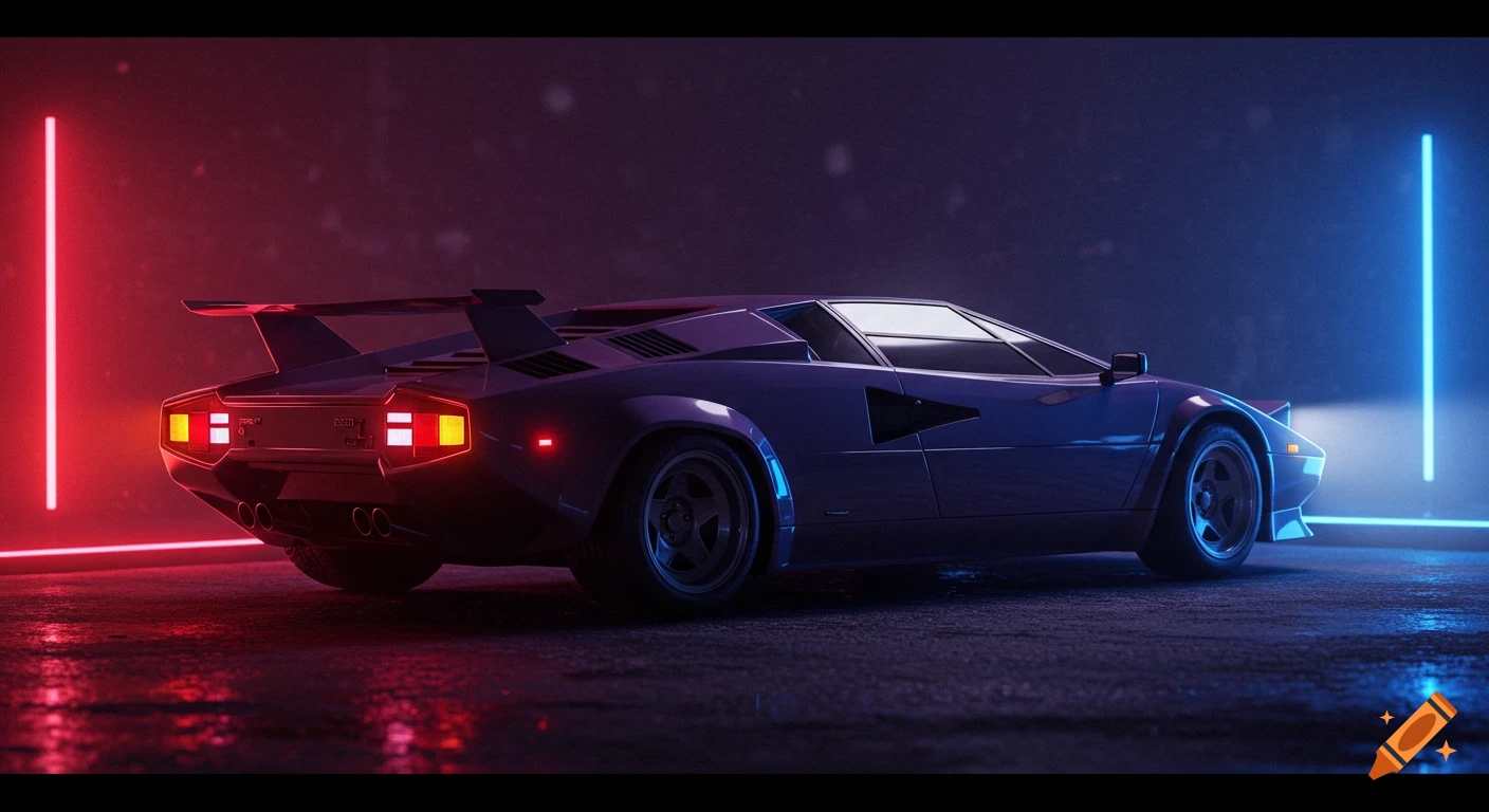 An 80s purple supercar is parked at night with red and blue neon lights.