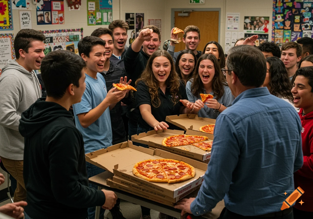 High school students and a teacher celebrate a pizza party in a classroom.