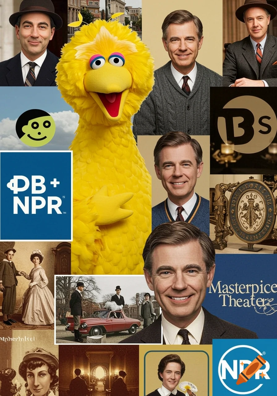 A collage featuring Big Bird, a man resembling Mr. Rogers, the NPR and Masterpiece Theater logos, and vintage scenes.
