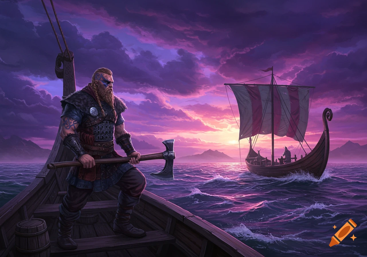 Viking warrior with axe on ship sailing at sunset under purple sky.
