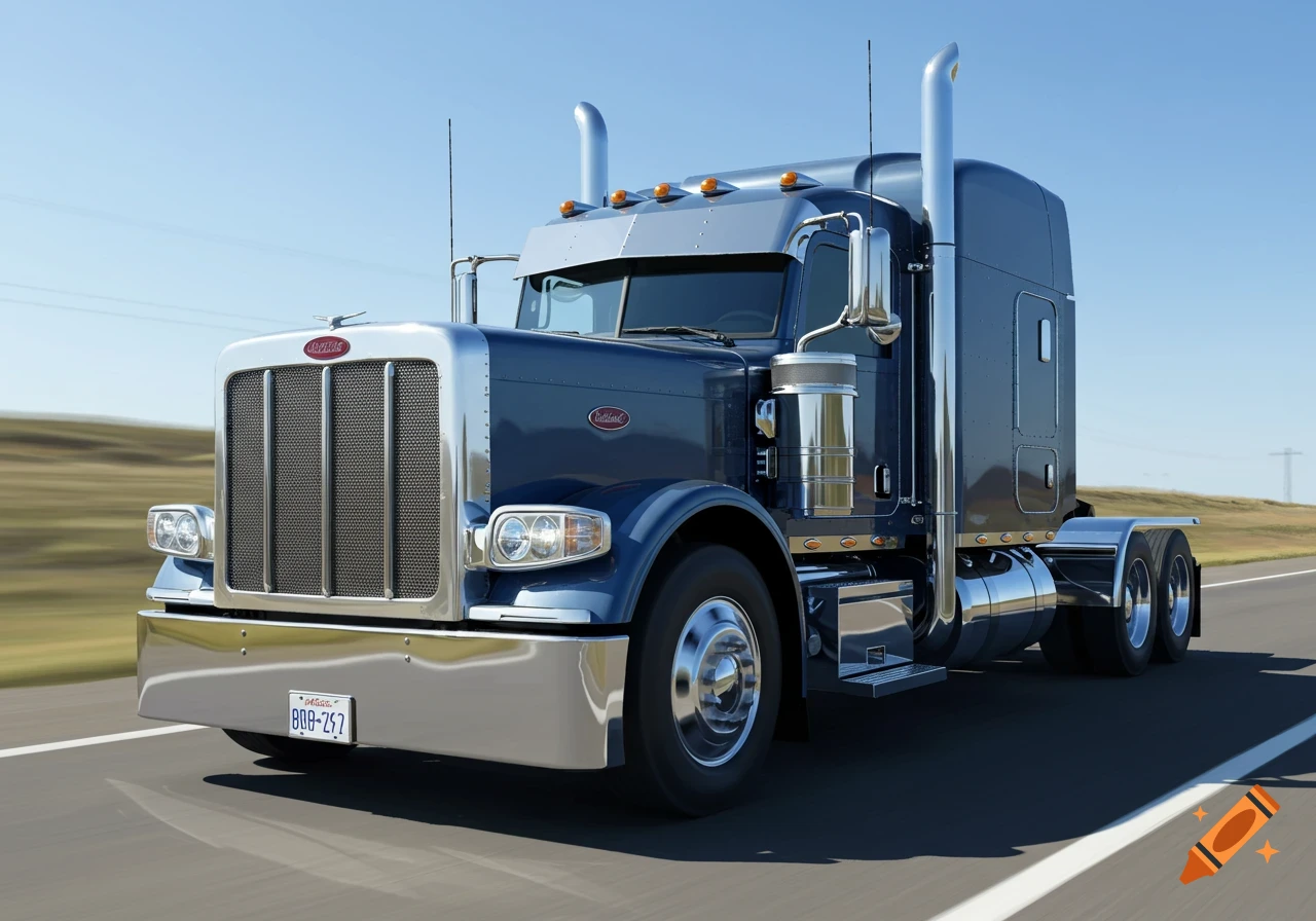 Blue Peterbilt semi truck driving on a highway