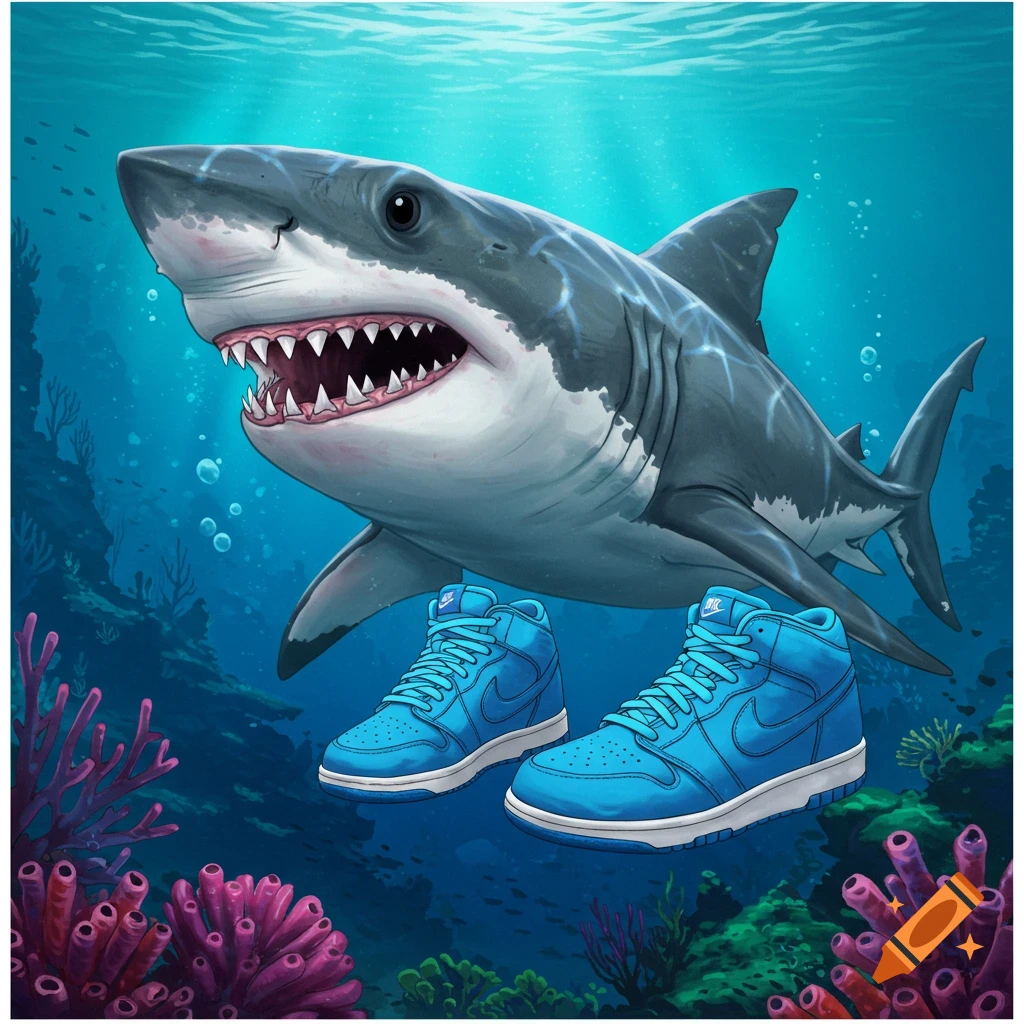 Illustration of a shark wearing blue high-top sneakers underwater