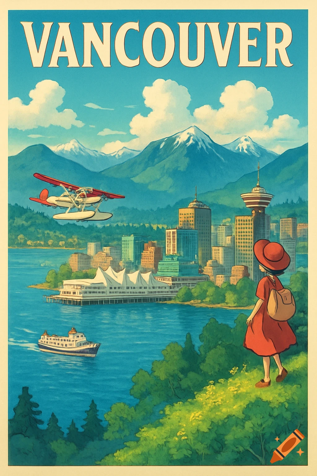 Ghibli style travel poster of Vancouver skyline, mountains, water, seaplane, ferry, and person.