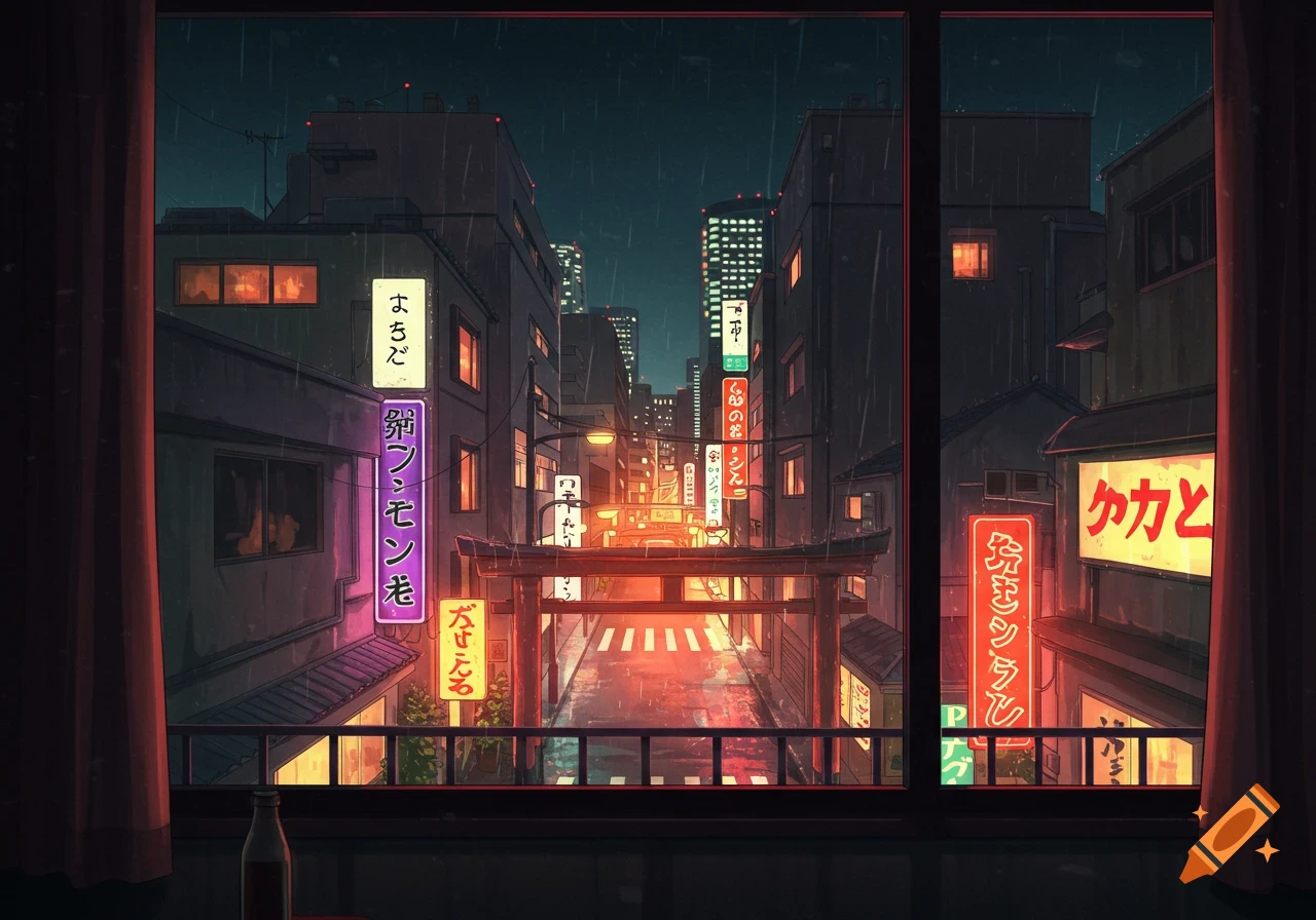 Anime-style view from a window of a rainy Tokyo street at night with neon signs and a torii gate.