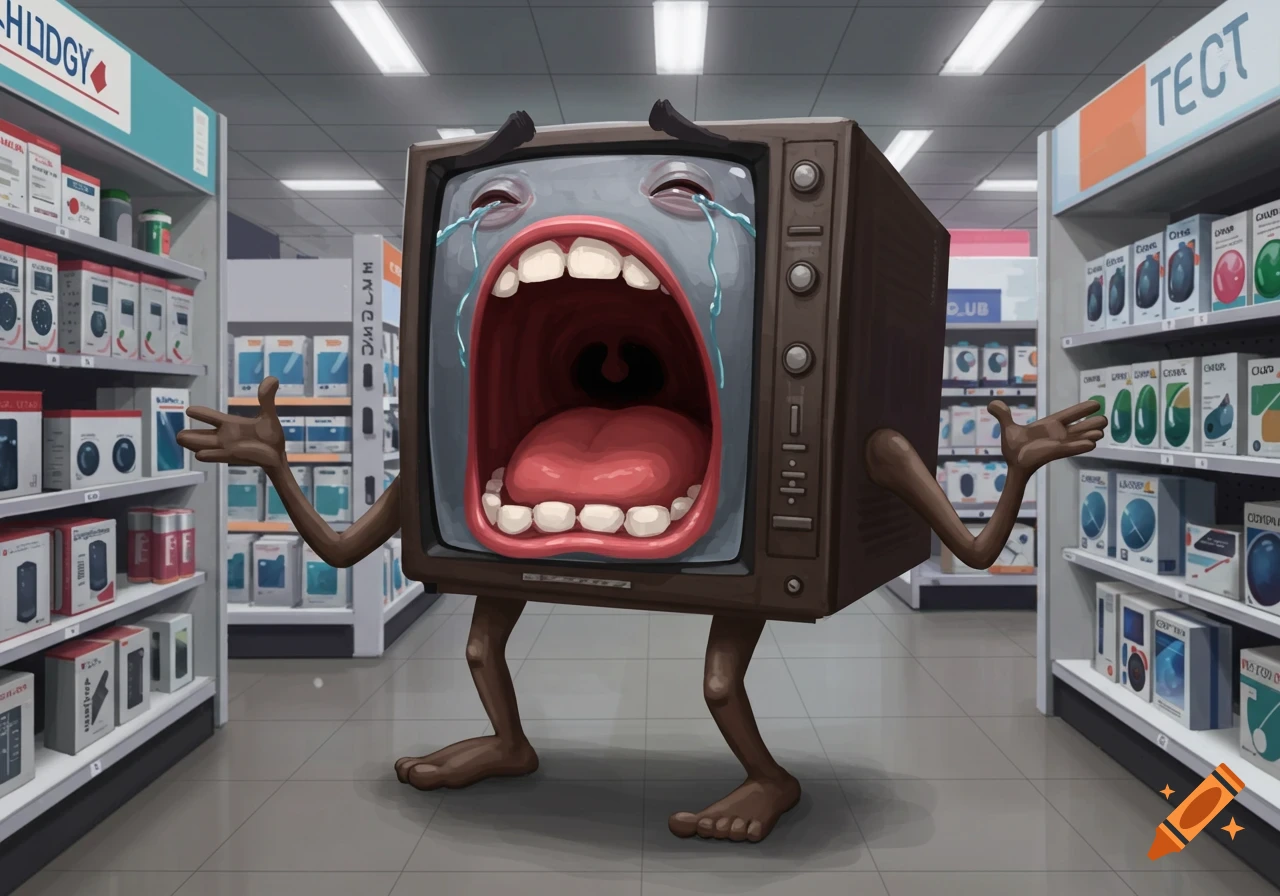 Anthropomorphic television crying in a tech store aisle.