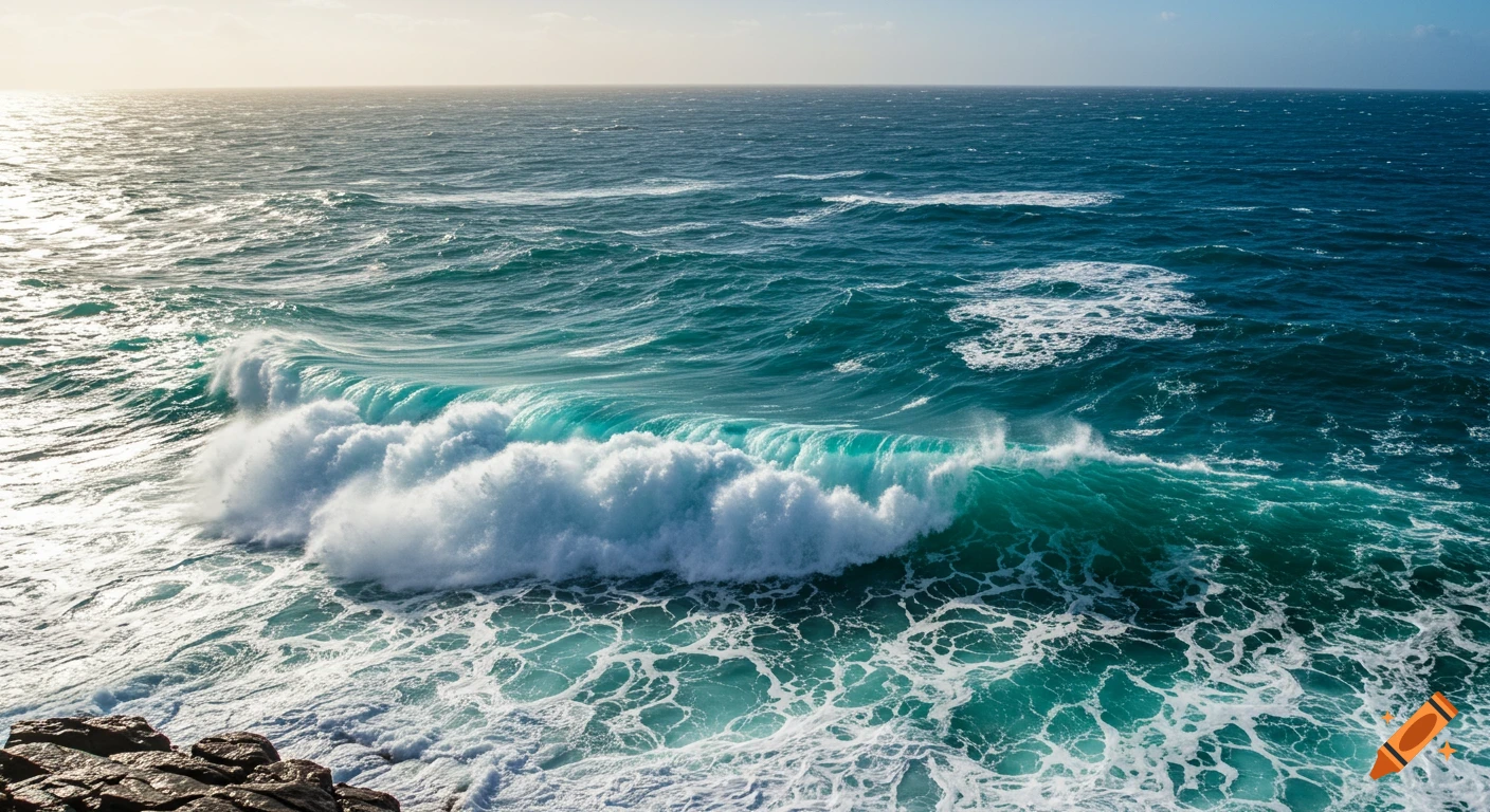 Large turquoise wave crashing onto rocks in the ocean