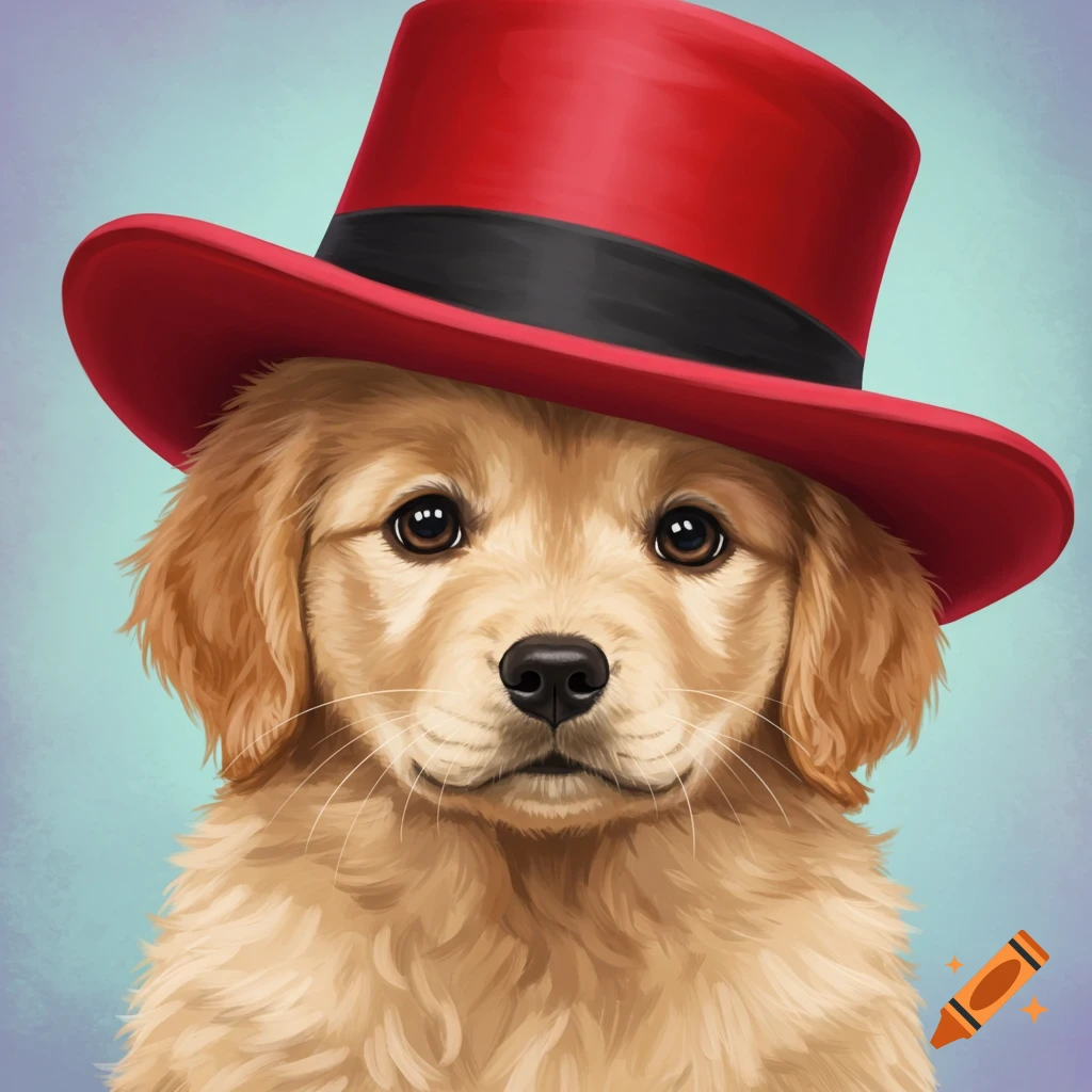Close-up illustration of a golden retriever puppy wearing a red top hat.