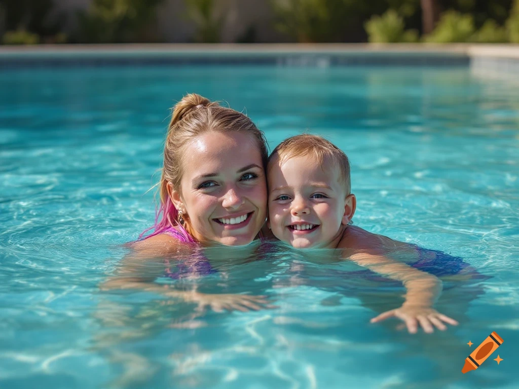 A woman and child smiling and swimming in a pool
