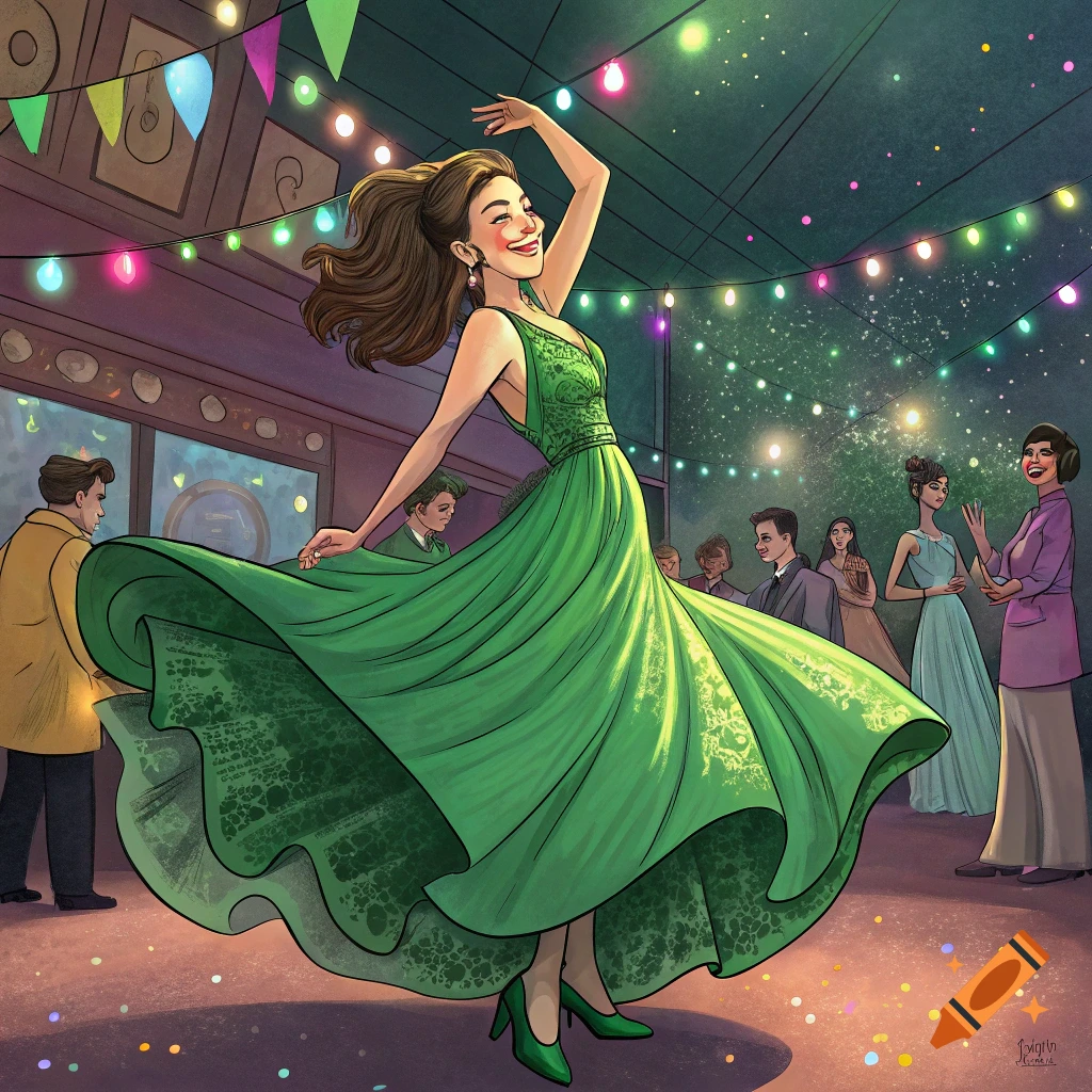 Illustrated woman in a green dress spinning and dancing at a party under string lights.