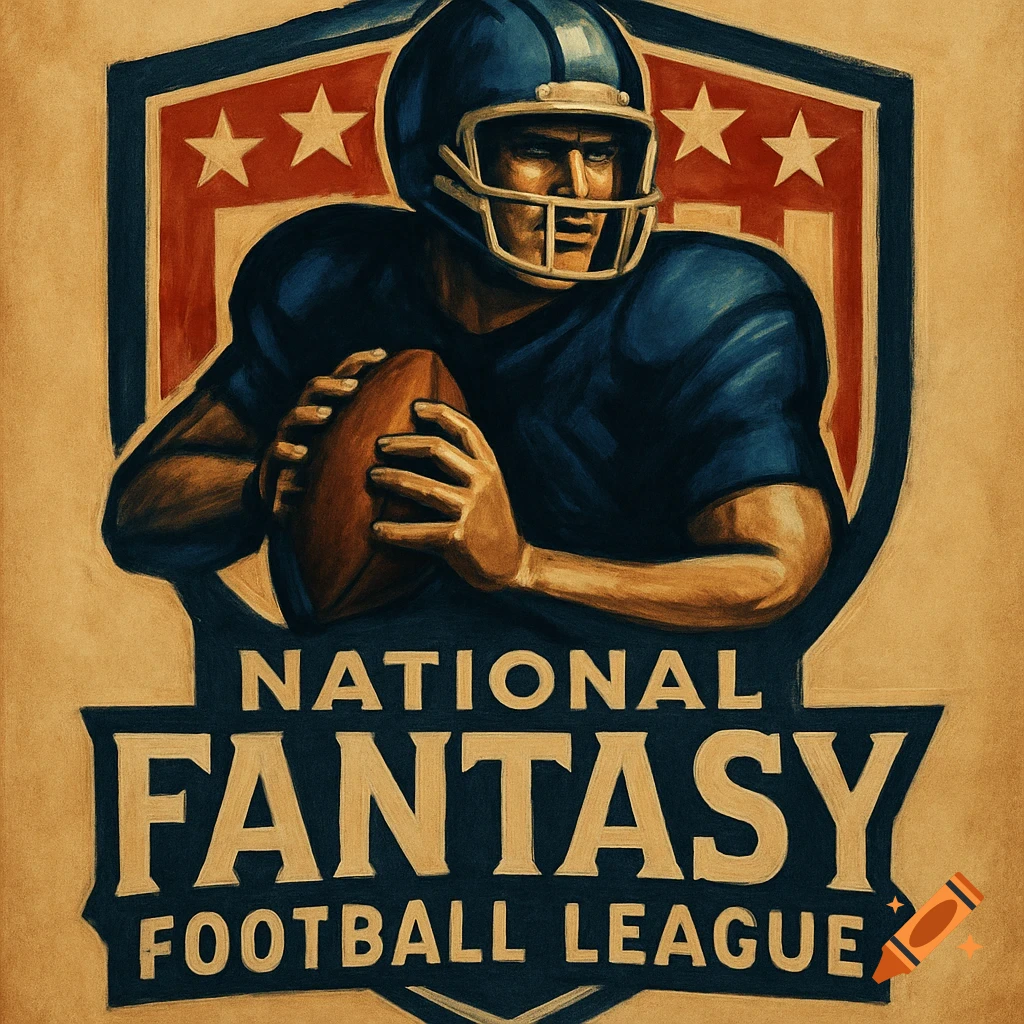 Stylized poster for a fantasy football league featuring a player holding a ball.