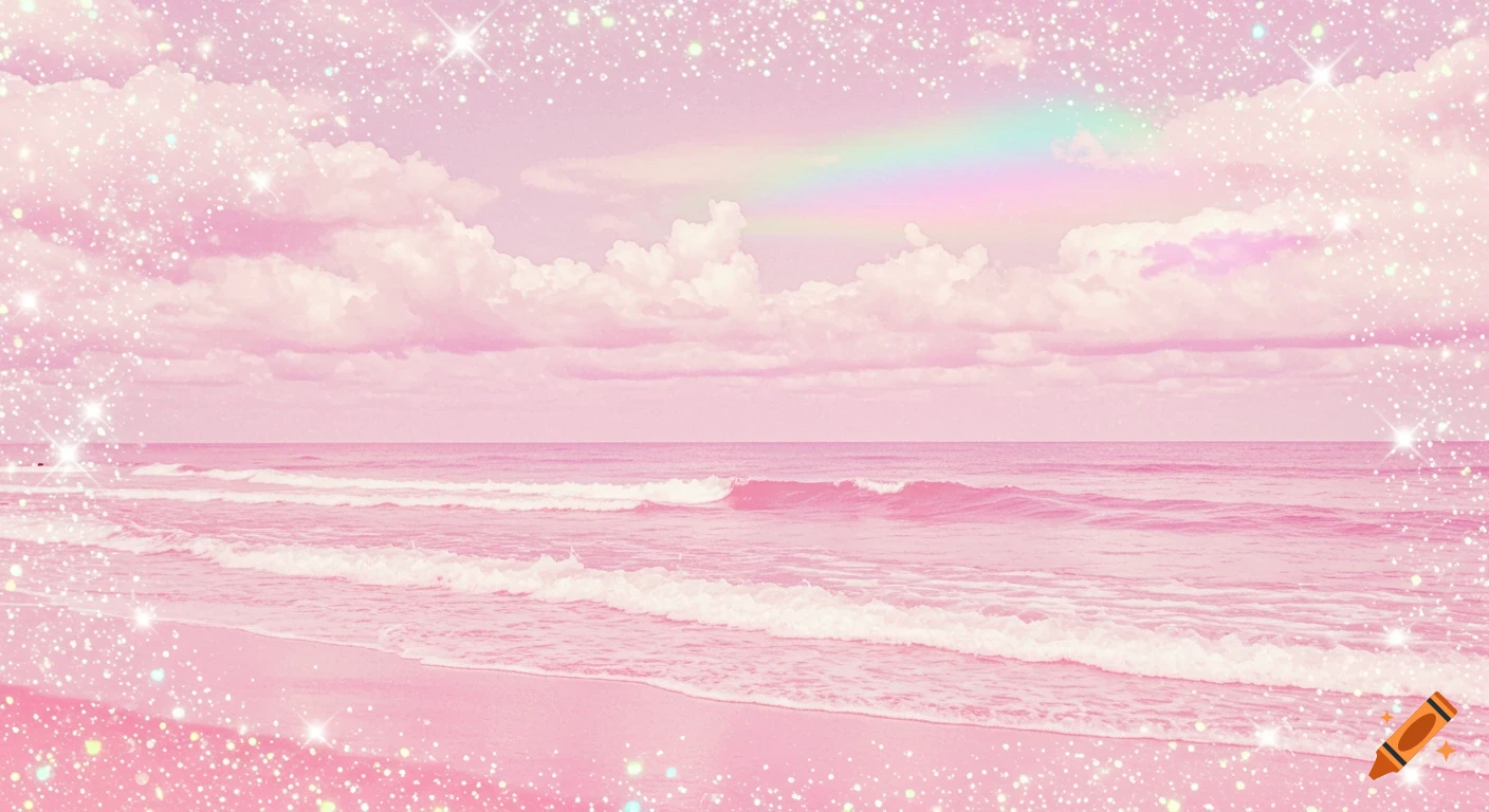Pastel pink beach and ocean with waves, clouds, a rainbow, and white sparkles.