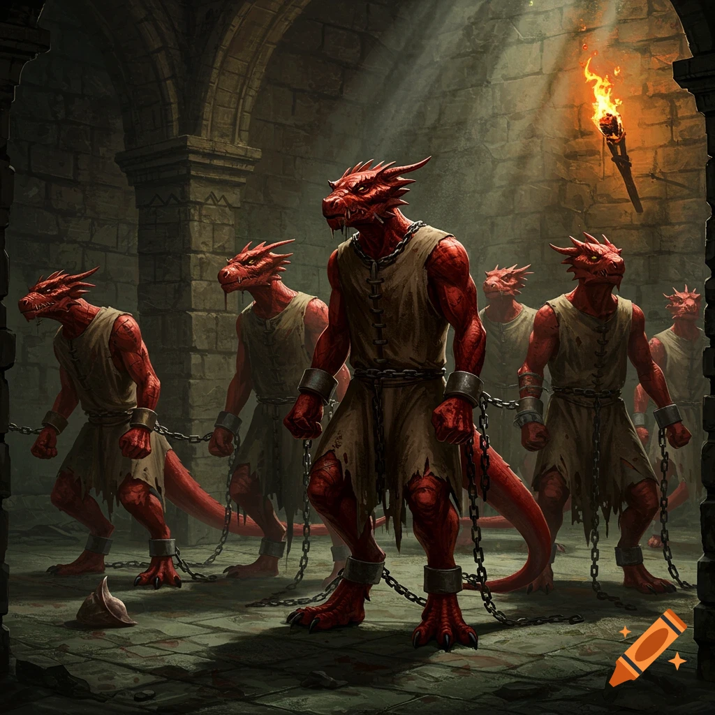 Multiple red dragonborn prisoners in chains stand in a dark stone dungeon.