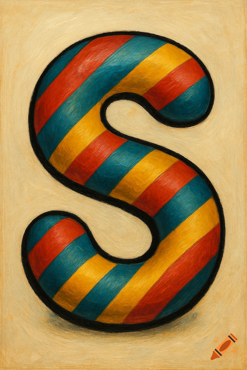 A bubble letter S with red, blue, and yellow stripes on a textured background.