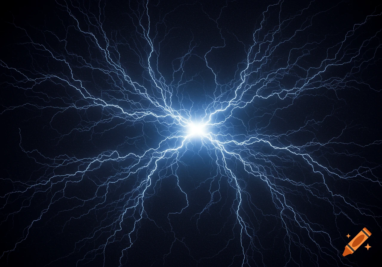 Blue electrical discharge radiating from a bright white center on a dark background.