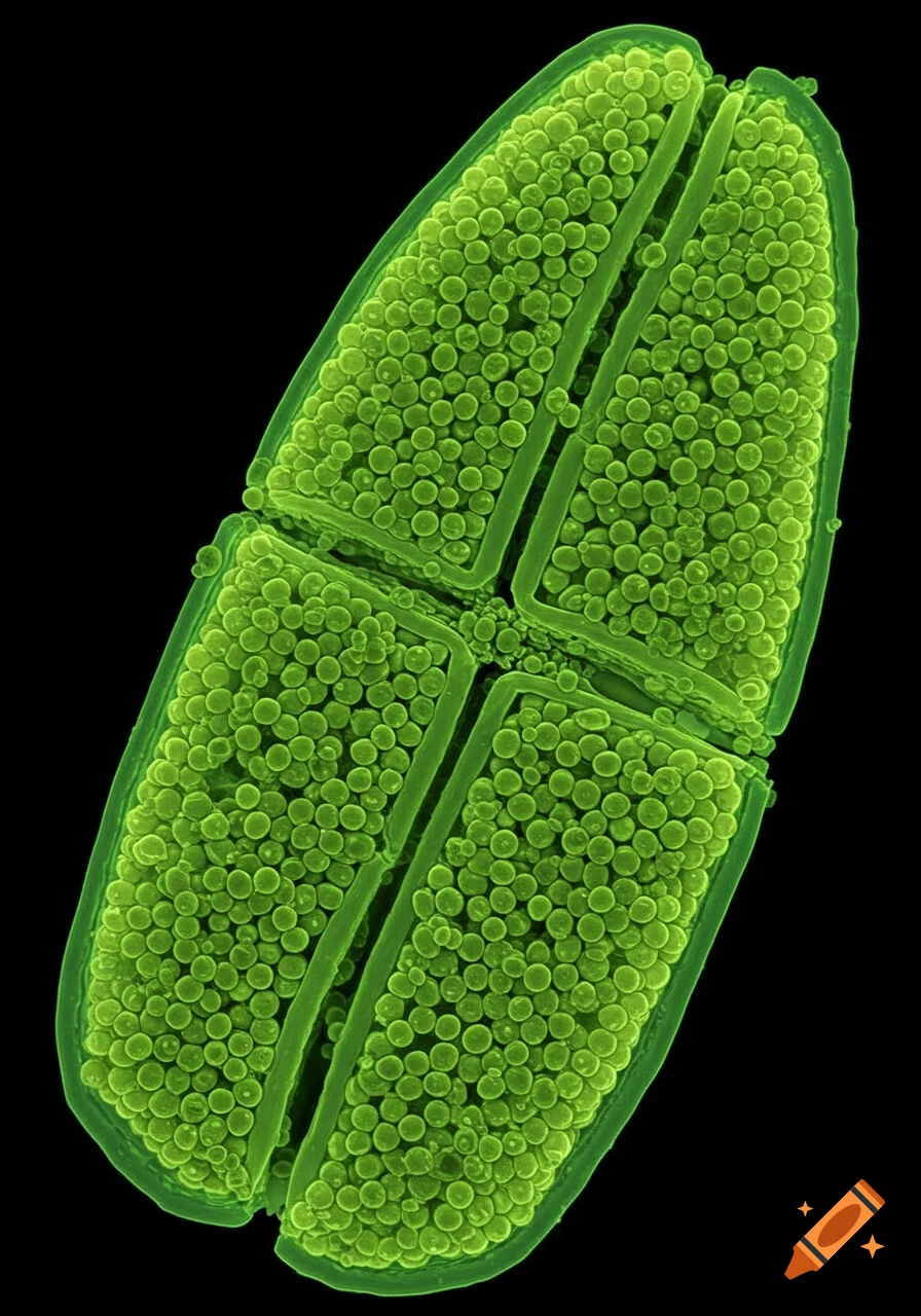 Close-up microscopic view of a green segmented structure filled with spherical details on a black background