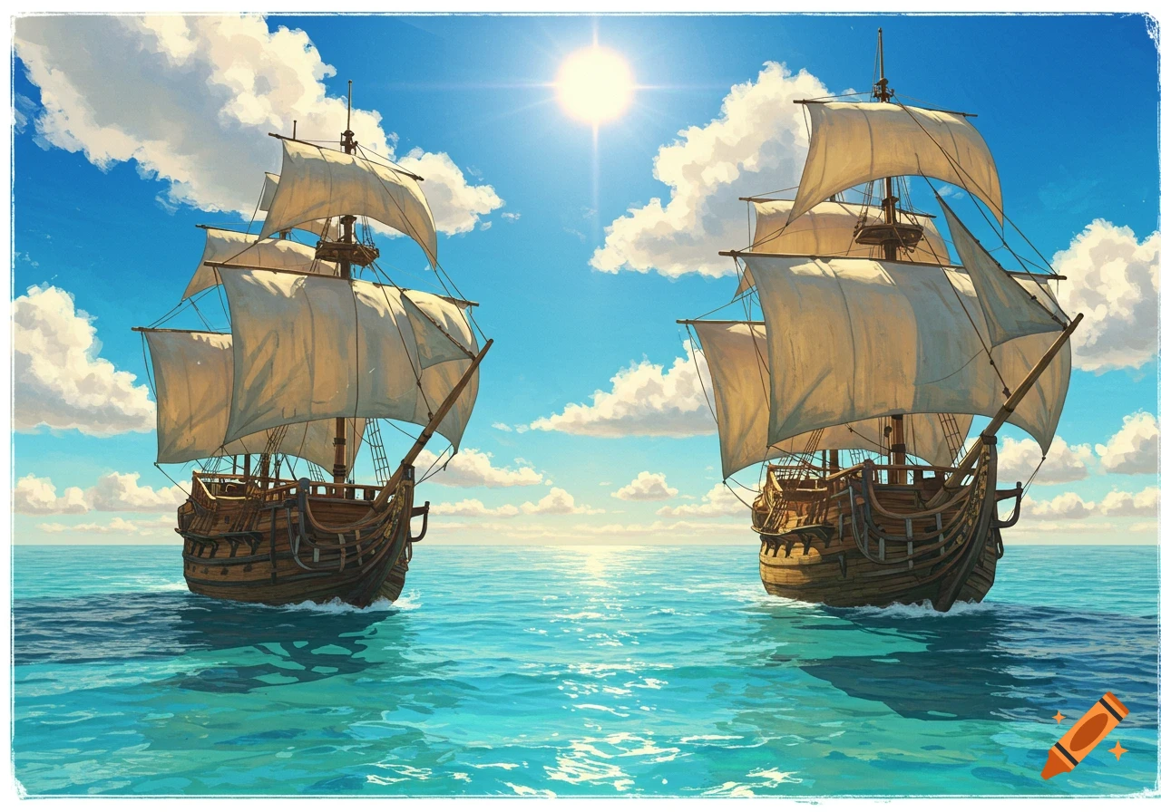 Two old sailing ships on a bright blue ocean under a sunny sky with clouds, digital art