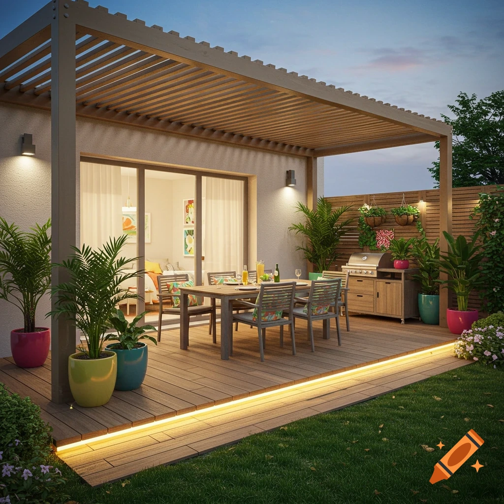 Modern patio with pergola, dining table, grill, and plants at dusk