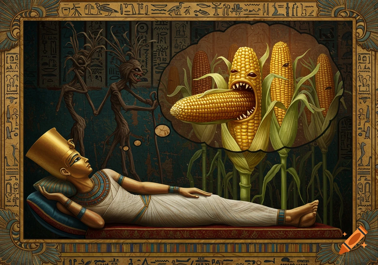 Egyptian pharaoh dreams of scary figures and a giant ear of corn eating another ear of corn.
