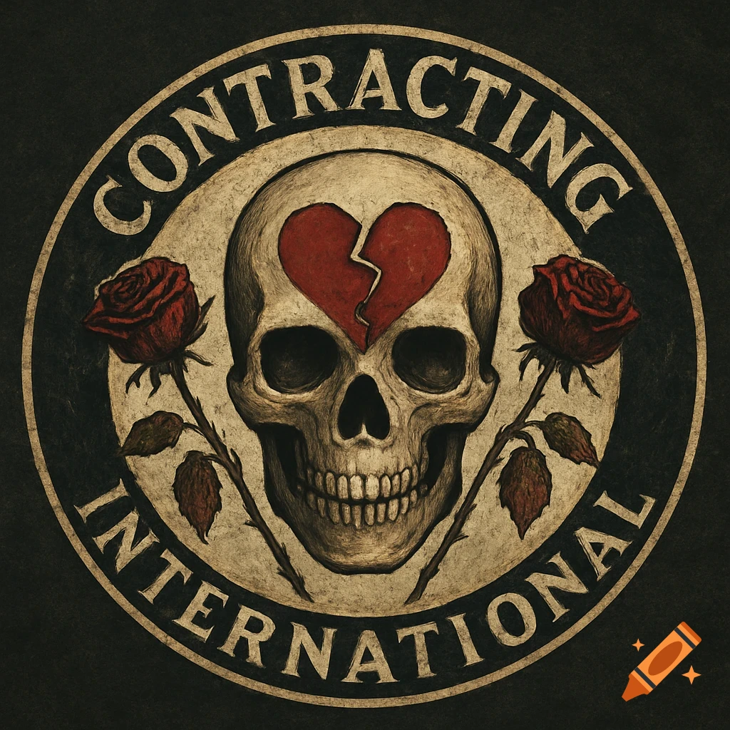 Circular logo with a skull, broken heart, and roses, text reads "Contracting International".
