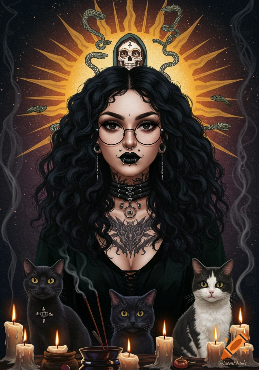 Portrait of a witch with curly hair, glasses, piercings, tattoos, cats, candles, and snakes.