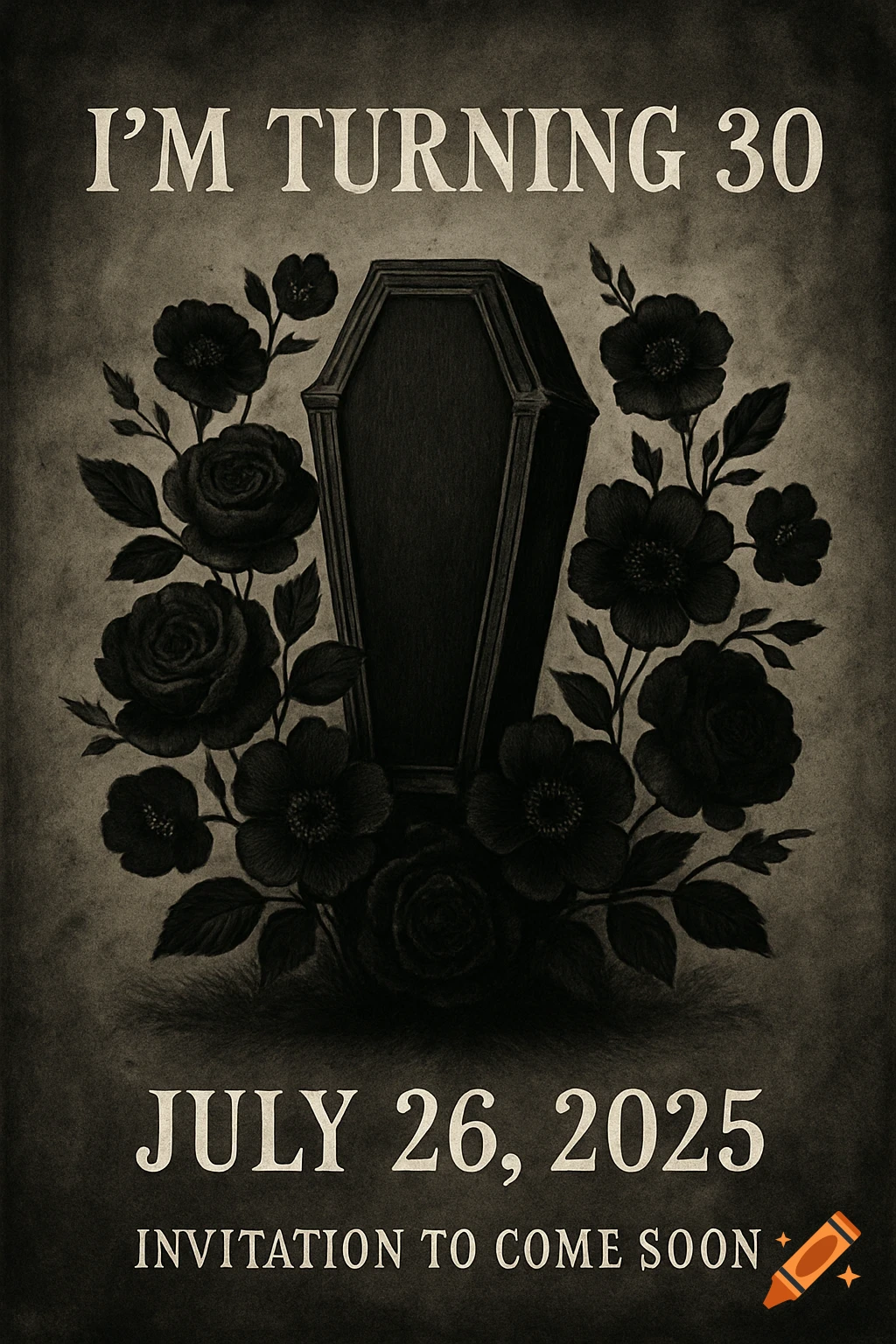 Gothic birthday invitation with a coffin surrounded by black roses and text.