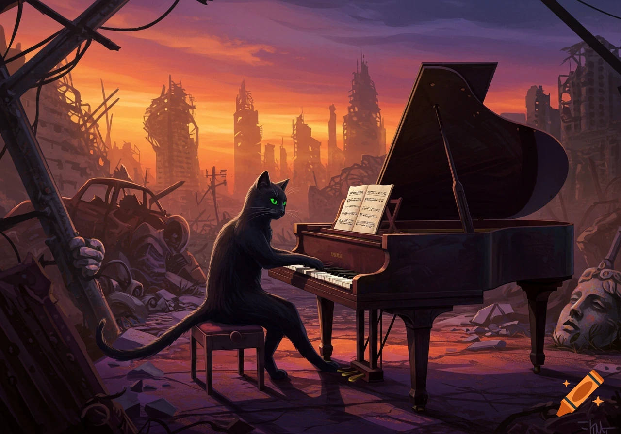 A black cat plays a grand piano amidst the ruins of a city at sunset. Sheet music is on the piano stand.