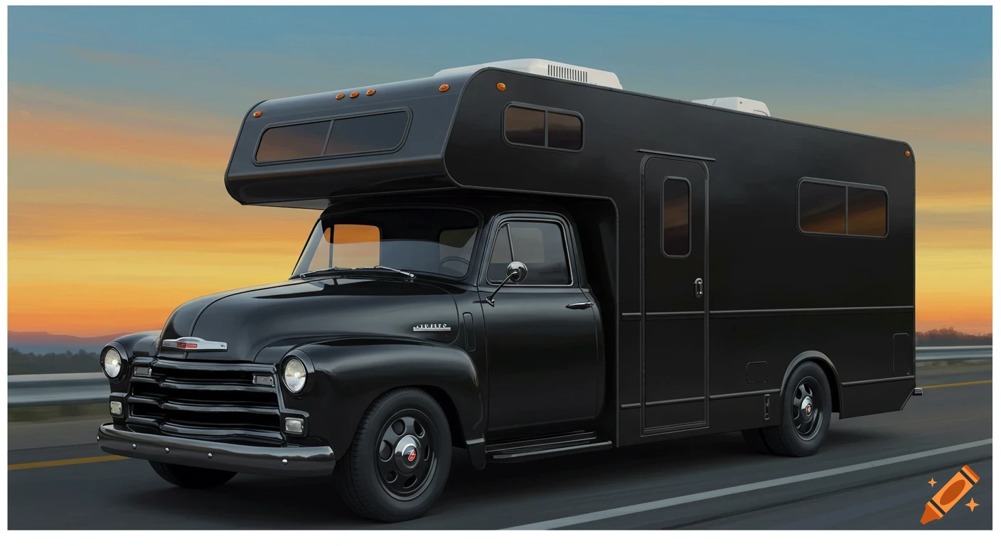 Black classic Chevrolet truck motor home driving on a road at sunset.